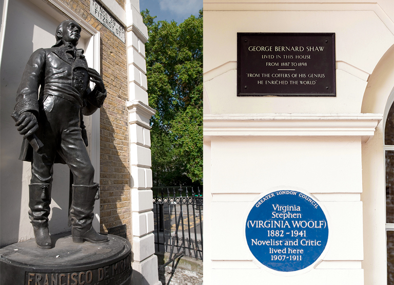Virginia Woolf Blue Plaque & George Bernard Shaw plaque - Statue of Francisco de Miranda Fitzroy Square London England