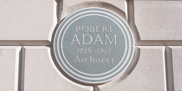 Robert Adam plaque on 18th century townhouse, Fitzroy Square, Fitzrovia, Borough of Camden, London, England, United Kingdom